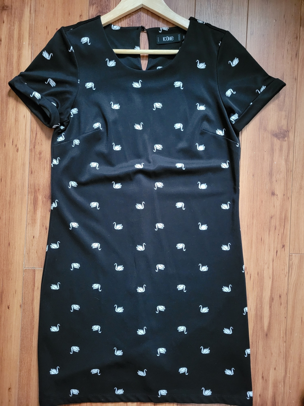 ICON Black Mini Dress with White Origami Swan Print
